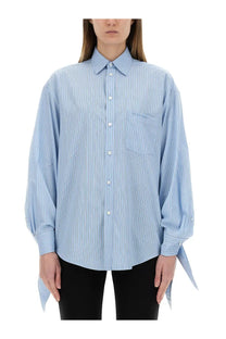 Balenciaga women’s blouse blue with light blue and white vertical stripes and classic collar long sleeves and chest pocket