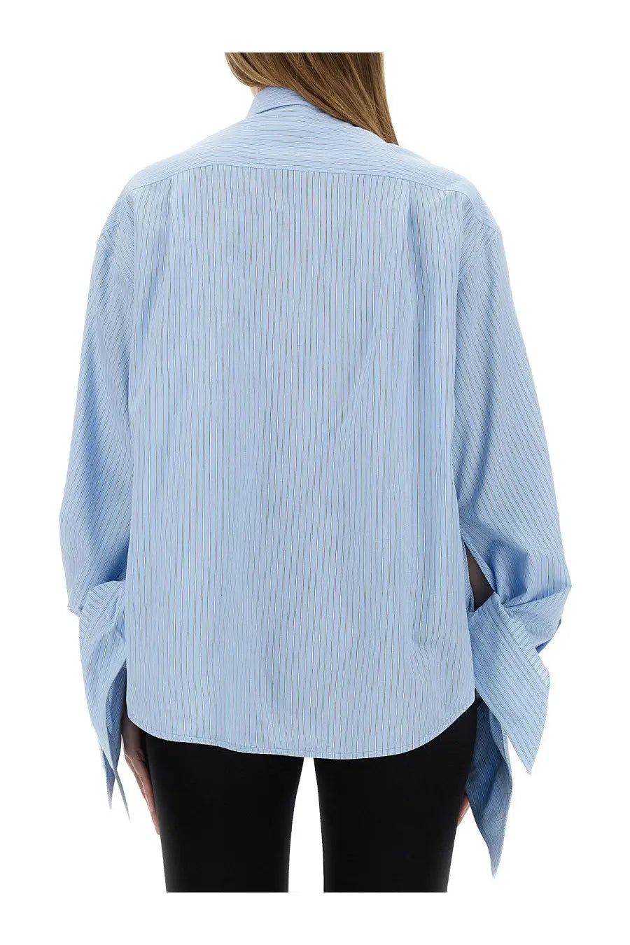 Balenciaga women’s blouse in light blue and white vertically striped cotton with a loose oversized fit