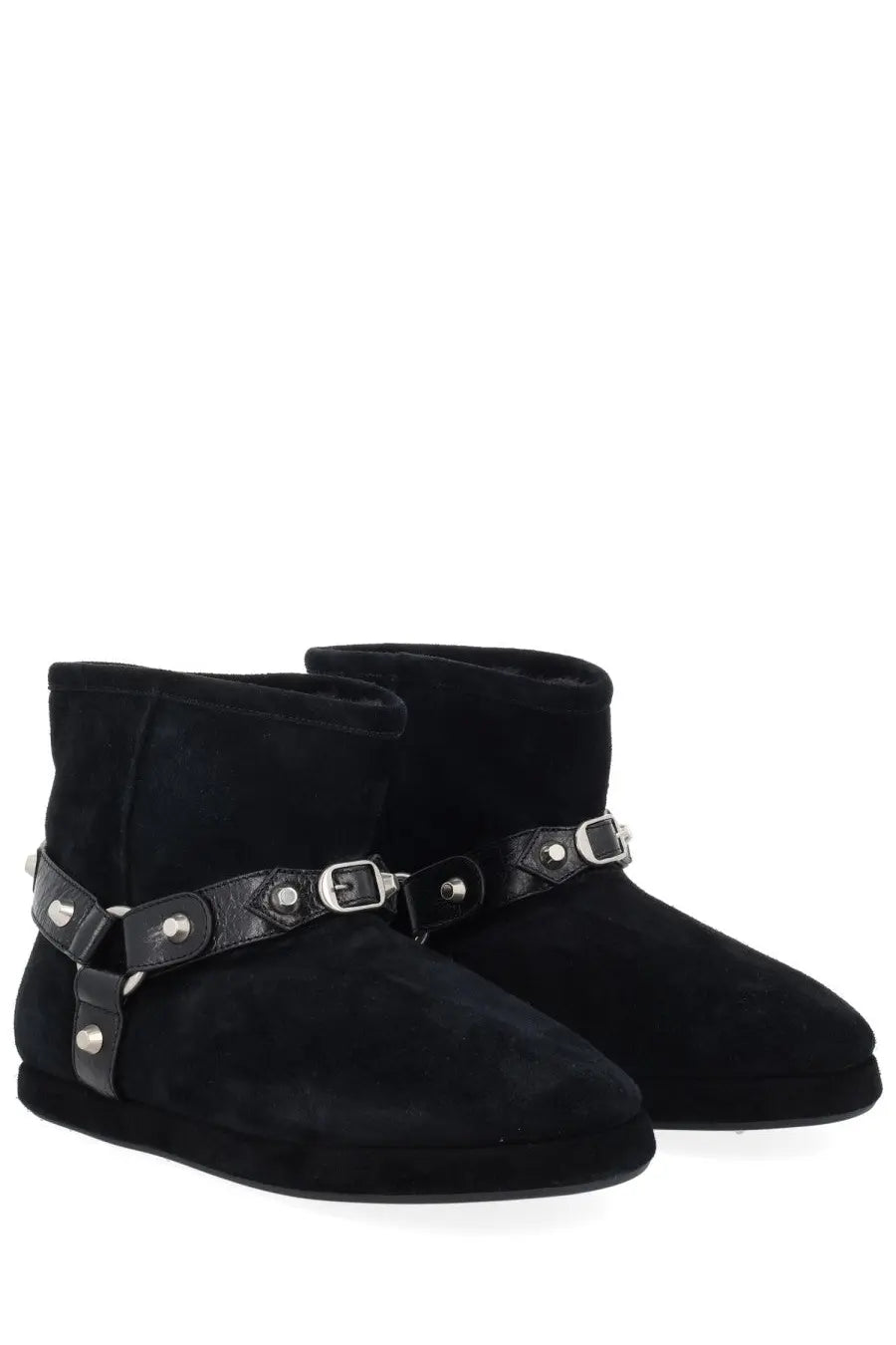 Balenciaga women’s boot alaska black black suede ankle boots with silver buckle straps and metallic studs