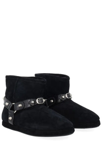Balenciaga women’s boot alaska black black suede ankle boots with silver buckle straps and metallic studs