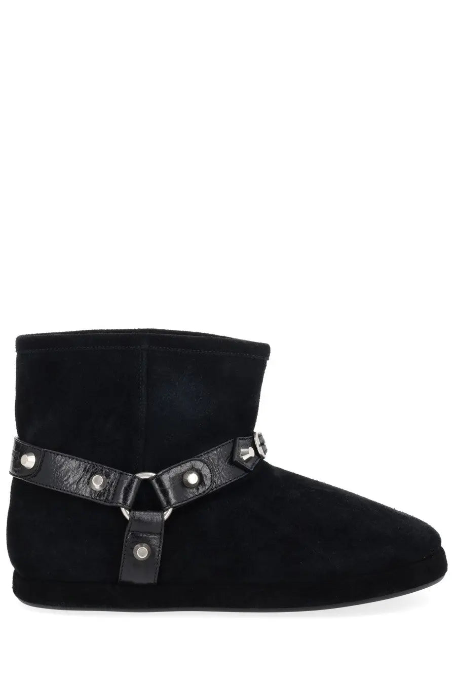 Balenciaga women’s Alaska black ankle boot in black suede with leather strap and silver-toned hardware