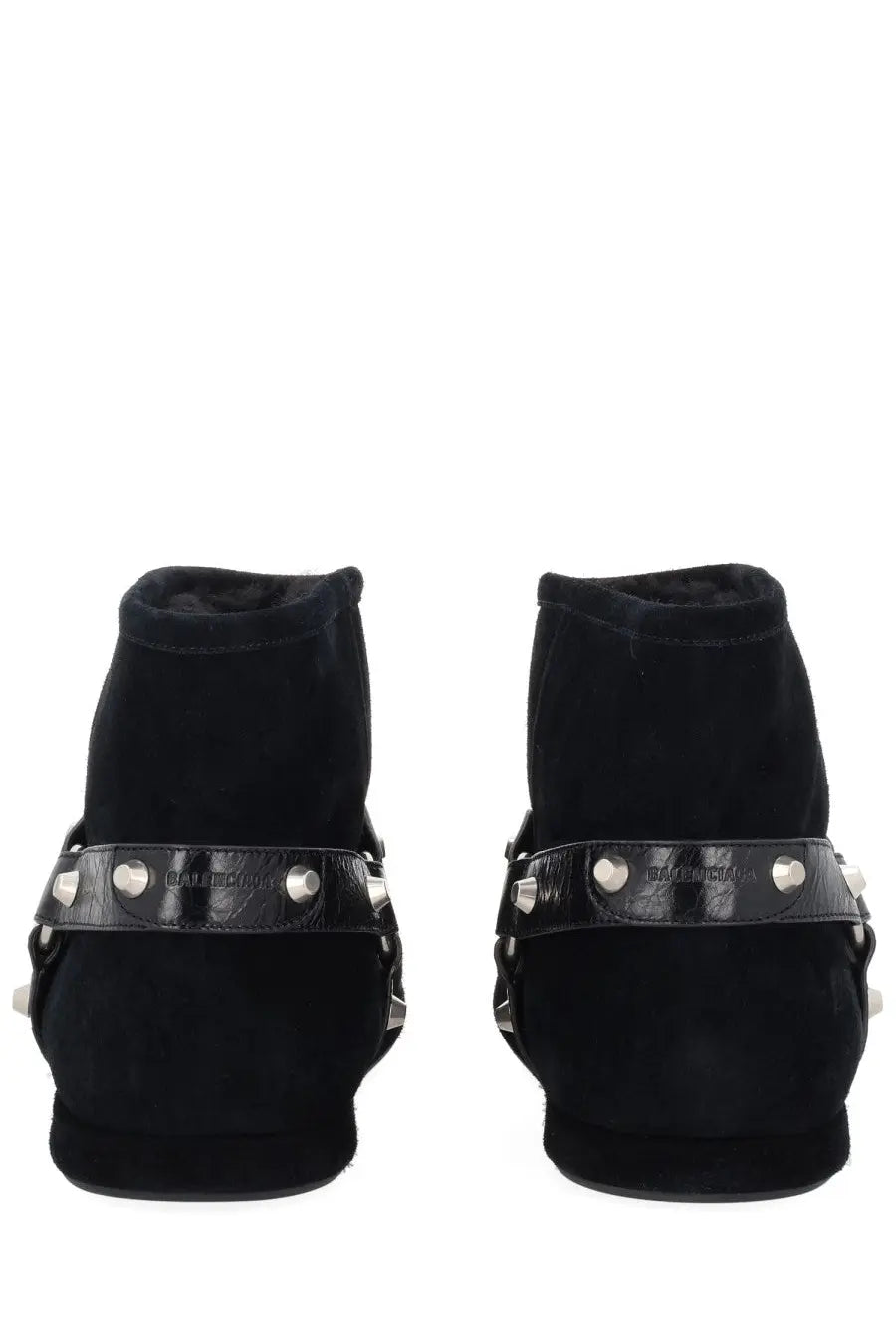 Balenciaga women’s alaska black suede high-top boots with studded leather strap and silver-tone hardware front view