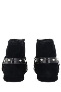 Balenciaga women’s alaska black suede high-top boots with studded leather strap and silver-tone hardware front view