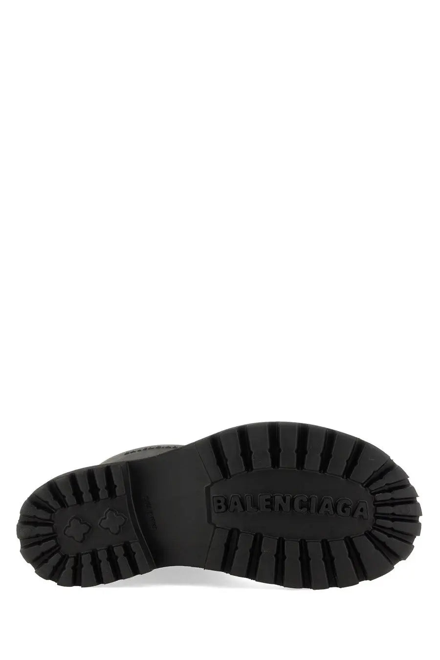 Balenciaga women’s boot steroid black with black rubber sole embossed logo and textured tread pattern