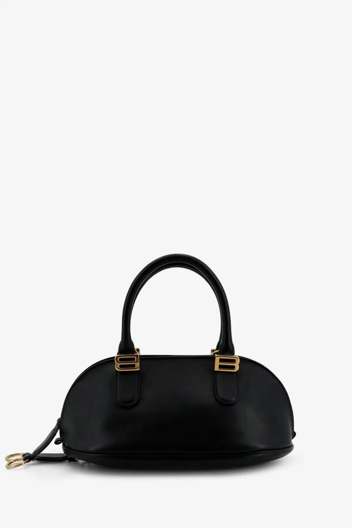 Balenciaga women’s black leather bowling bolero handbag with gold-tone hardware and curved top handle