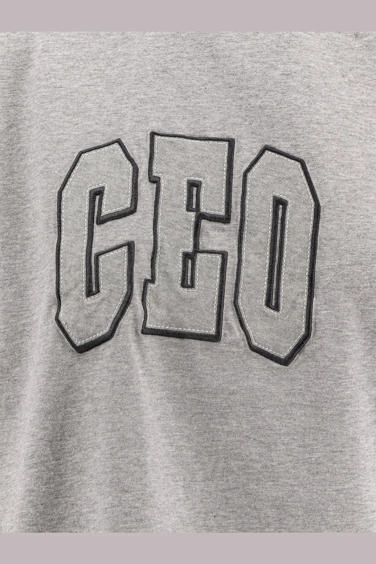Balenciaga women’s gray heathered cotton sweatshirt with boxy fit and bold embroidered ceo letters with black outline