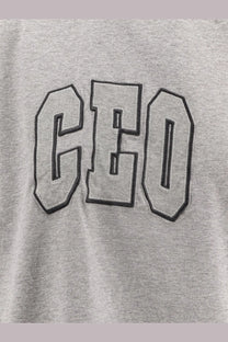 Balenciaga women’s gray heathered cotton sweatshirt with boxy fit and bold embroidered ceo letters with black outline