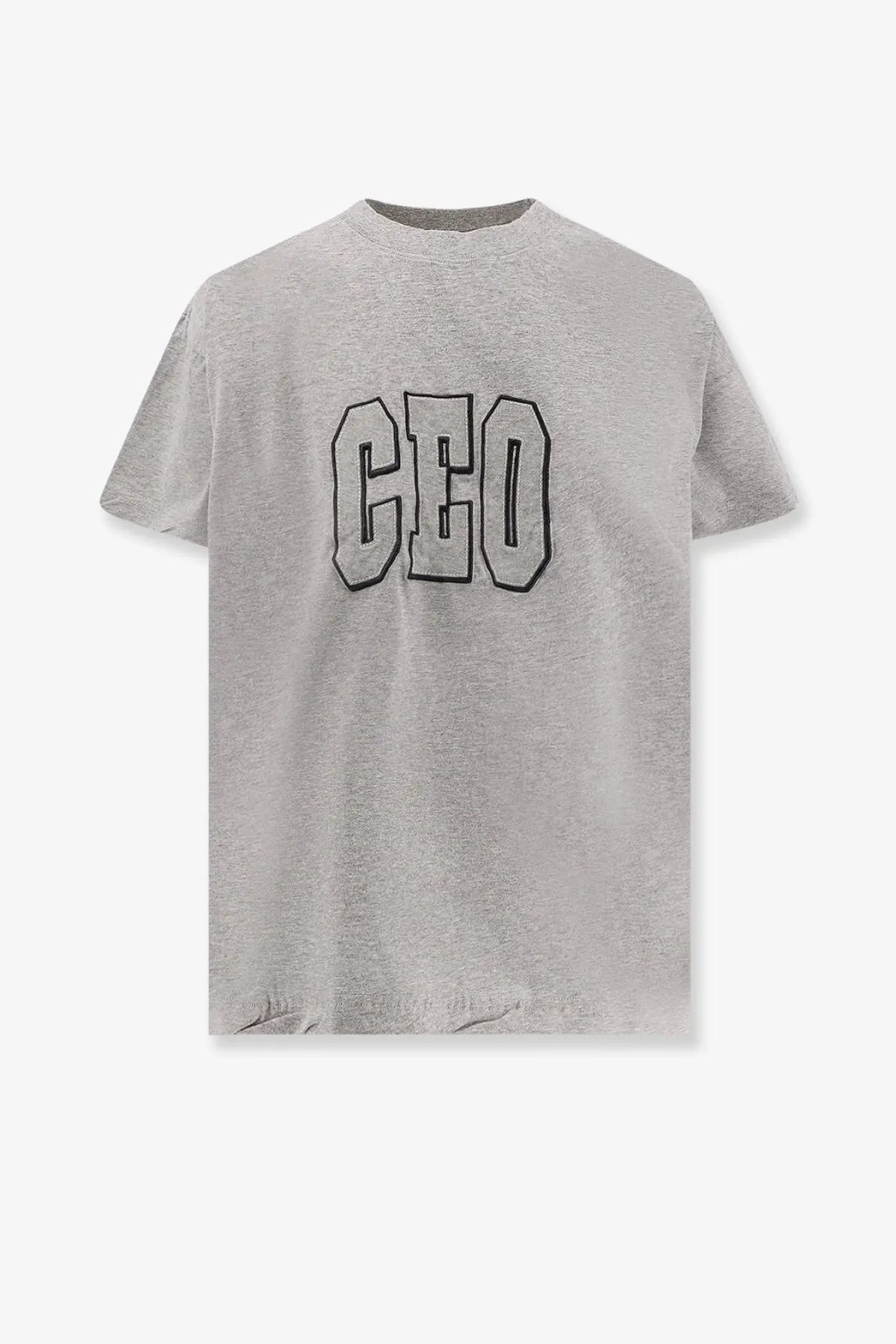 Balenciaga women’s grey heathered cotton t-shirt with bold black CEO lettering in a boxy fit style