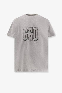 Balenciaga women’s grey heathered cotton t-shirt with bold black CEO lettering in a boxy fit style