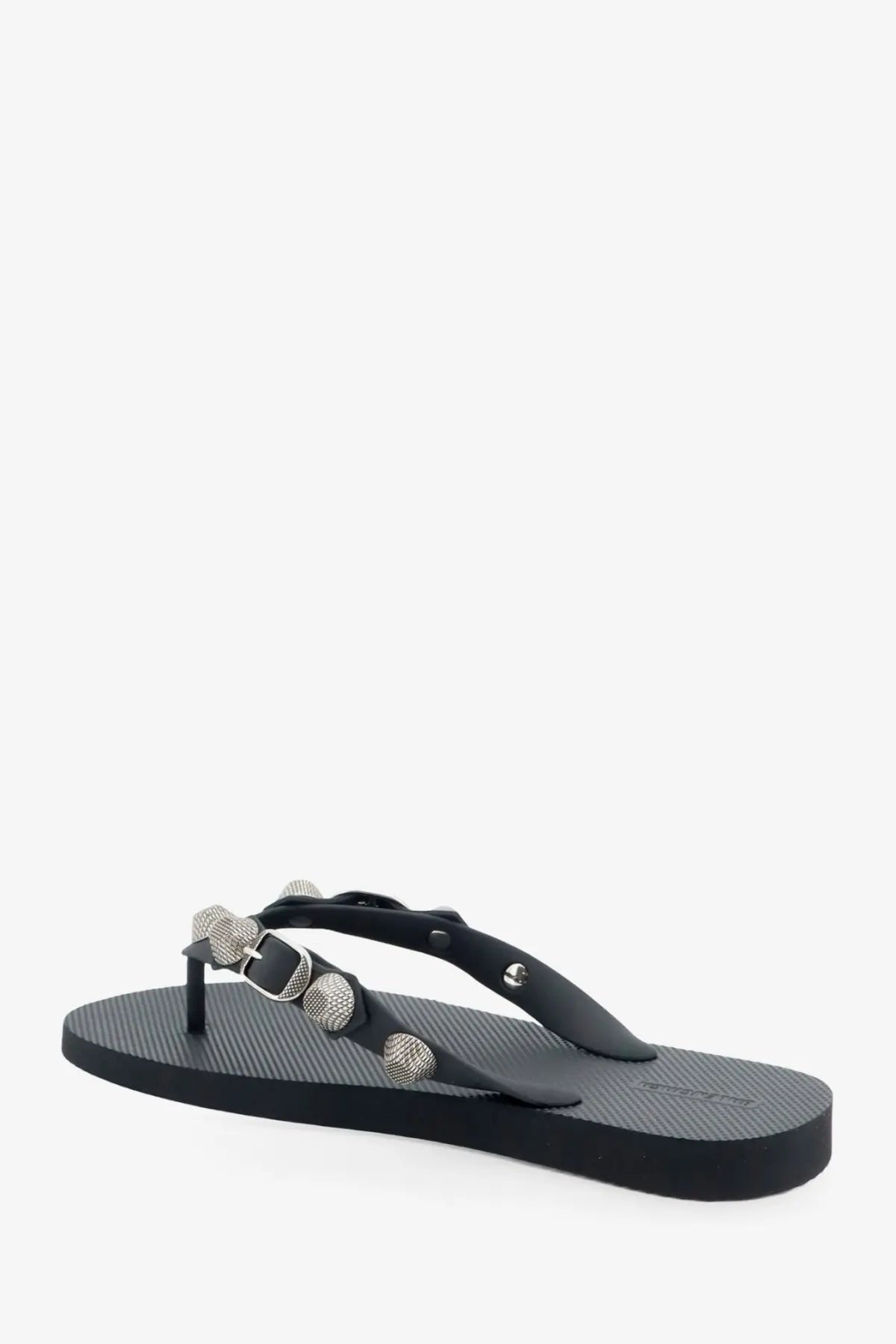 Balenciaga women’s cagole black flip flop with silver textured circular studs and buckle detail on strap