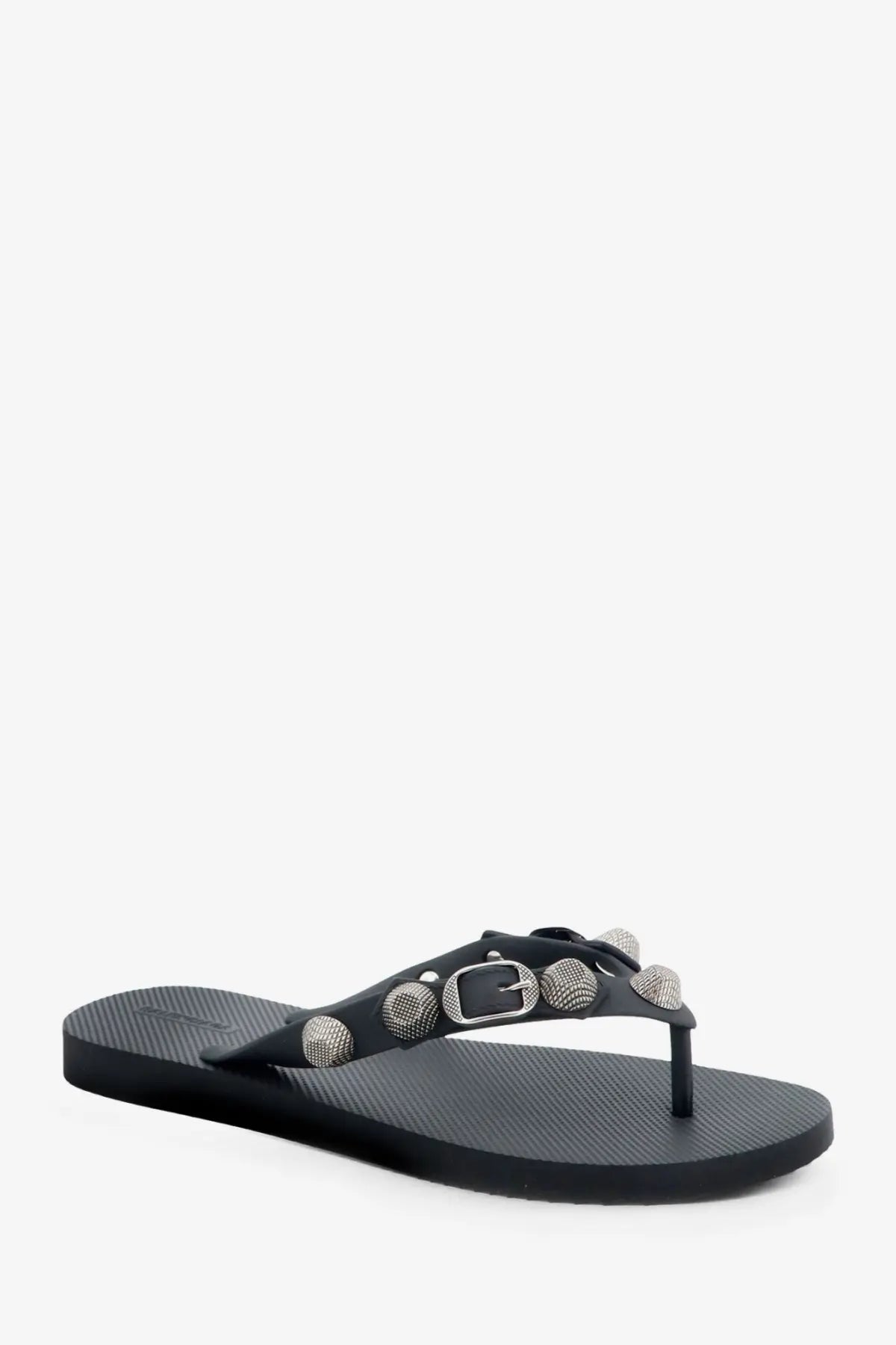 Balenciaga women’s cagole flip flops black thong sandal with silver-toned studs and buckle detail