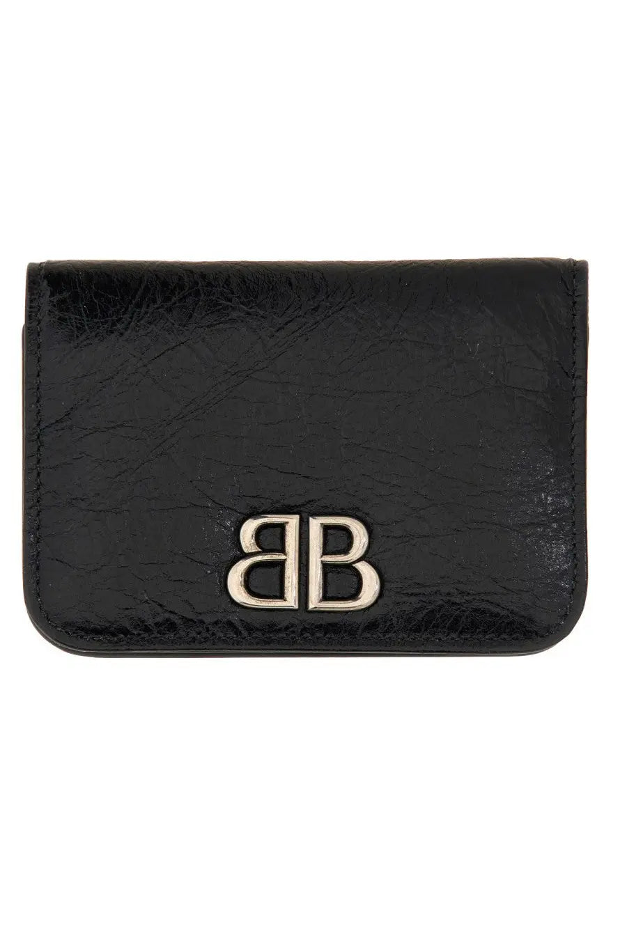 Balenciaga women’s card holder monk black in black textured leather with a silver bb logo emblem