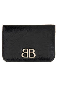 Balenciaga women’s card holder monk black in black textured leather with a silver bb logo emblem