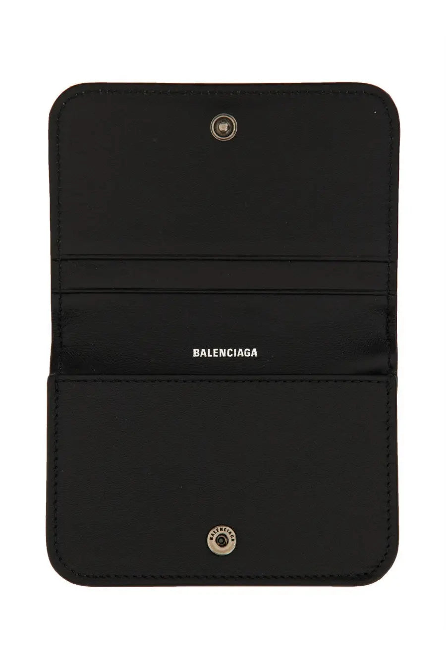 Balenciaga women’s card holder monk black wallet with minimalist design and silver-toned snap buttons