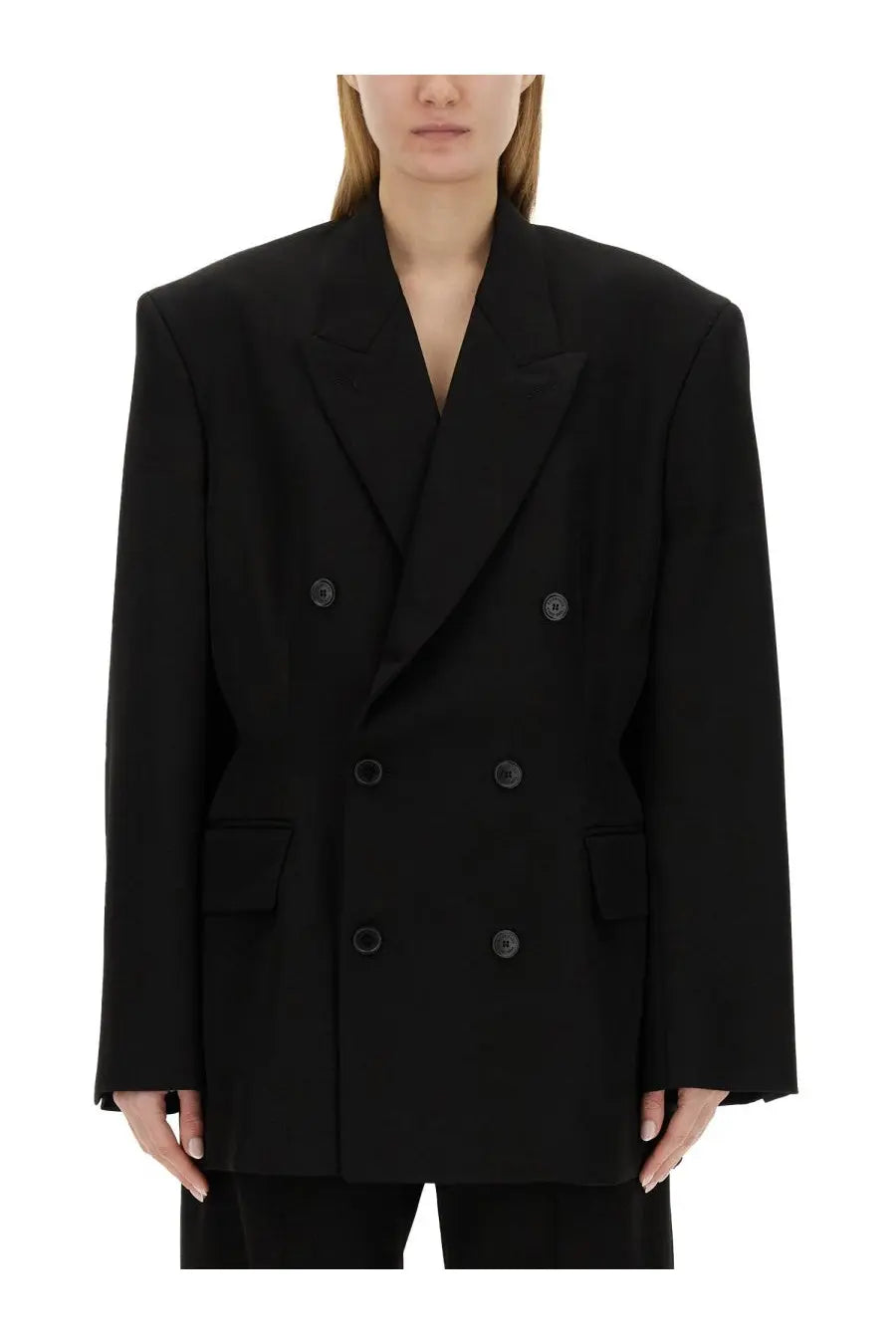 Balenciaga women’s black double-breasted blazer with structured shoulders and matte black buttons