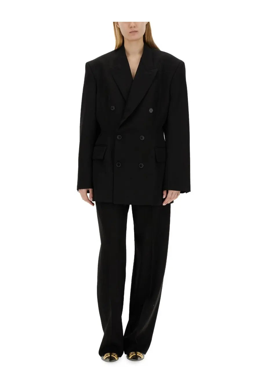 Balenciaga women’s black double-breasted cinched jacket with structured shoulders and matte finish fabric