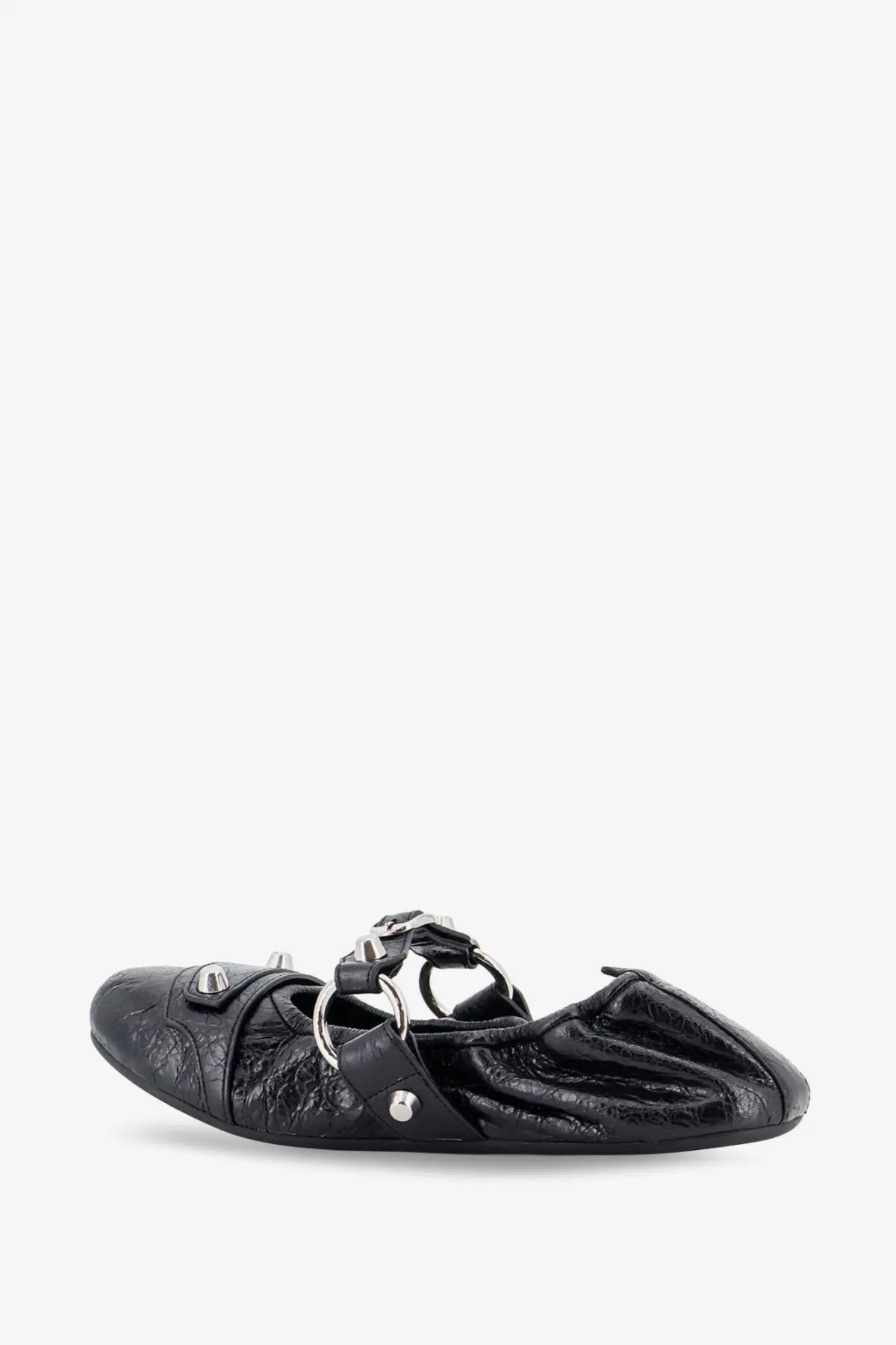 Balenciaga women’s city flat leather ballerina in black with silver toned metal rings and studs detailing