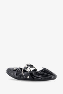 Balenciaga women’s city flat leather ballerina in black with silver toned metal rings and studs detailing