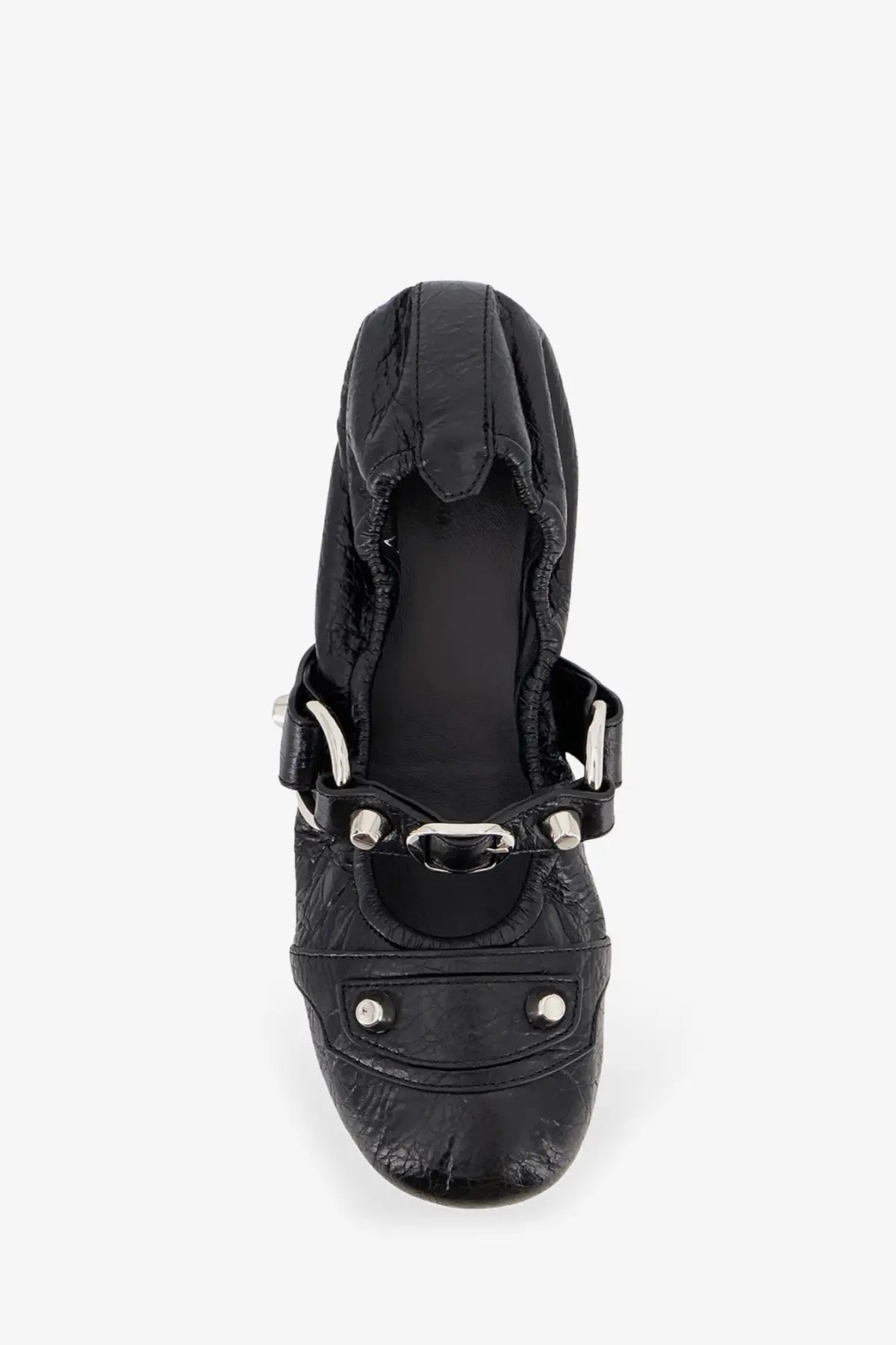 Balenciaga women’s city flat L005 black leather ballerina with quilted texture and silver-tone hardware accents