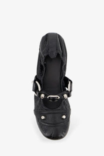 Balenciaga women’s city flat L005 black leather ballerina with quilted texture and silver-tone hardware accents