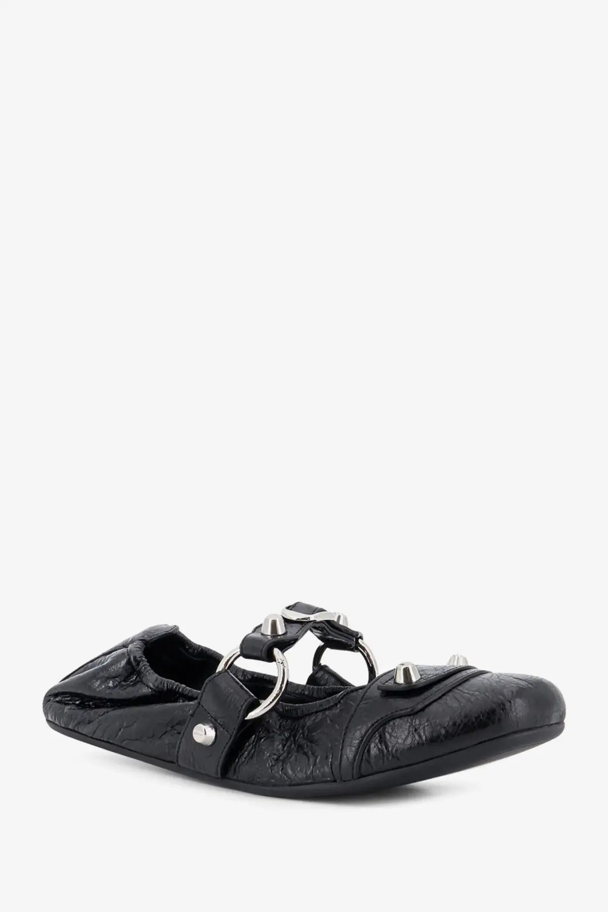 Balenciaga women’s city flat l005 black leather ballerinas with silver-toned metal rings and studs