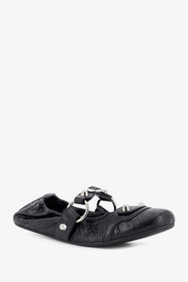 Balenciaga women’s city flat l005 black leather ballerinas with silver-toned metal rings and studs