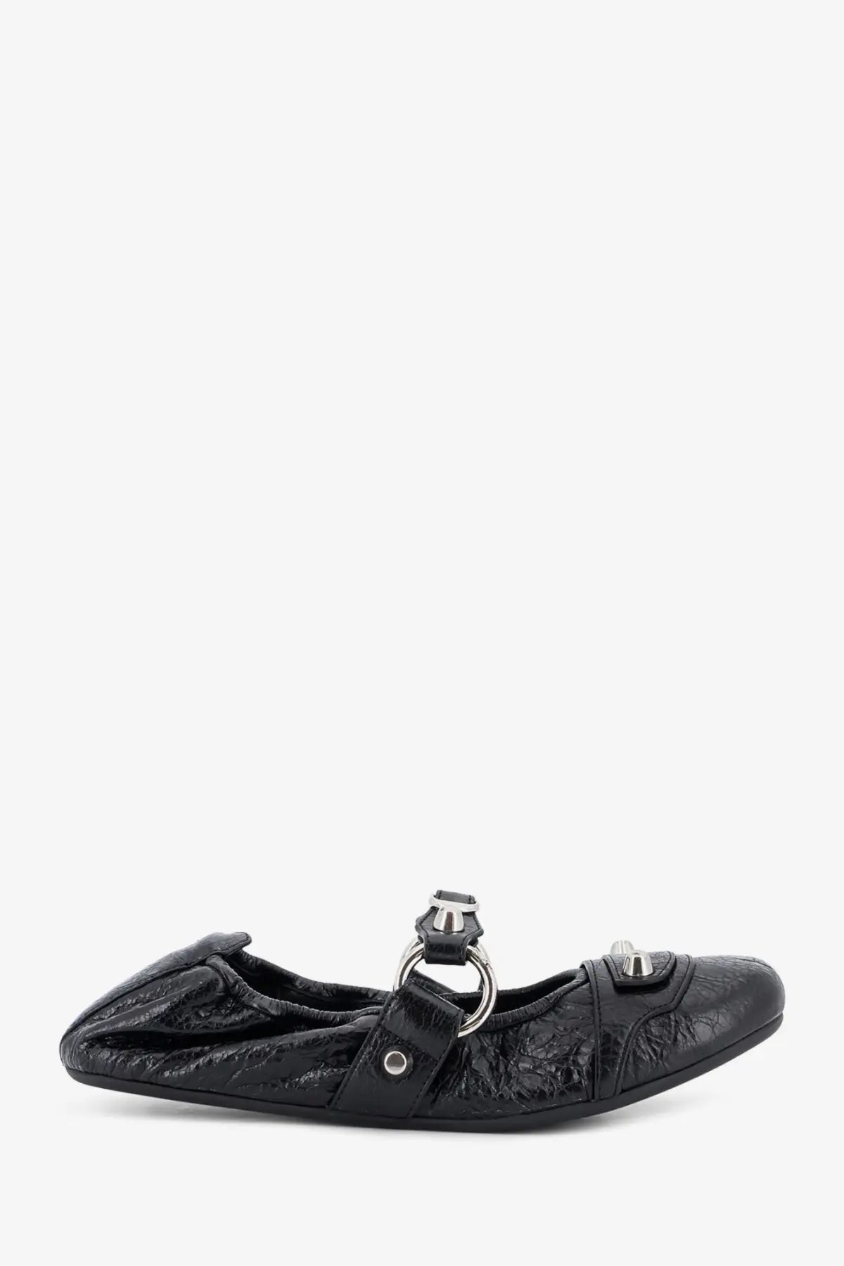 Balenciaga womens city flat black leather ballerina with textured finish silver ring and buckle detail