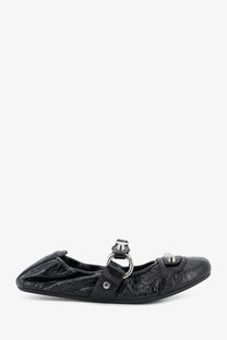 Balenciaga womens city flat black leather ballerina with textured finish silver ring and buckle detail