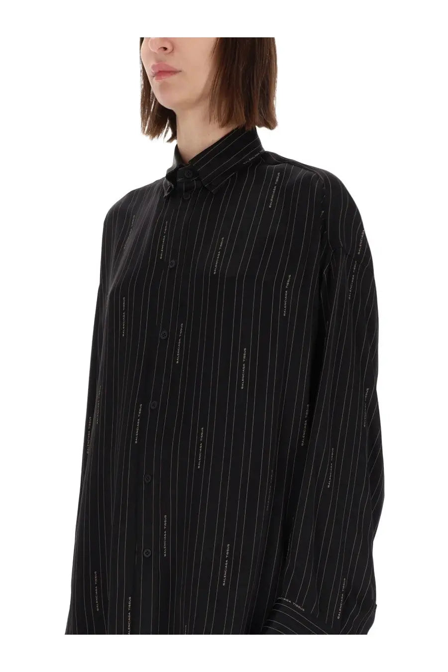 Balenciaga women’s cocoon shirt black black striped button-up shirt with subtle white vertical text detailing