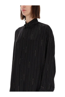 Balenciaga women’s cocoon shirt black black striped button-up shirt with subtle white vertical text detailing