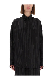 Balenciaga women’s cocoon shirt black with subtle vertical text detailing on a striped button-up fabric