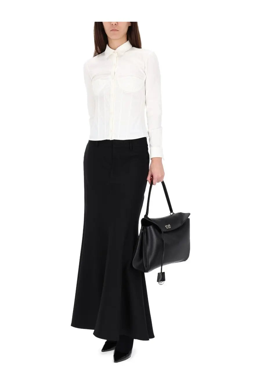 Black leather handbag with flap closure and small metallic logo shown with balenciaga womens corset shirt white
