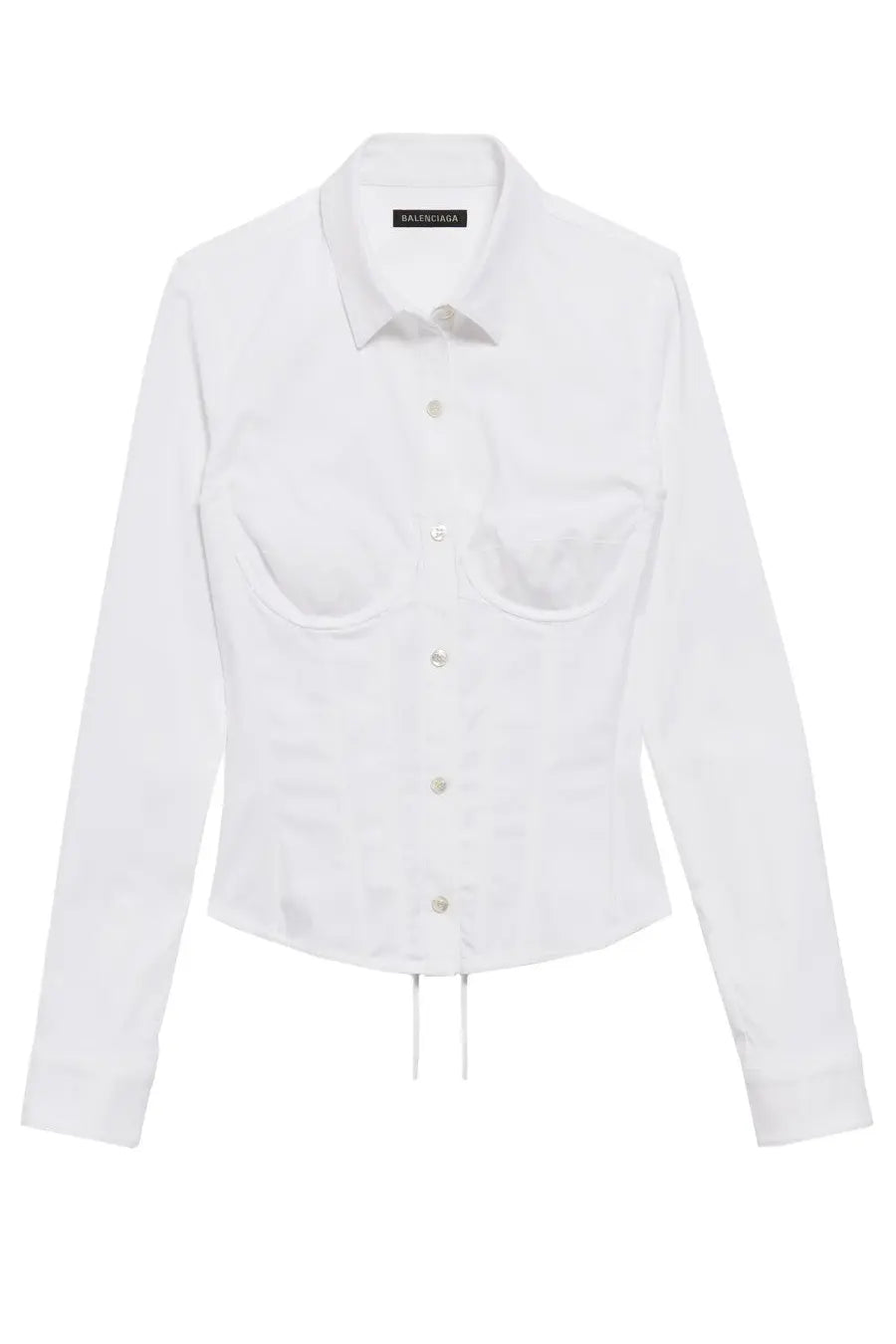 Balenciaga women’s white corset shirt with structured chest pockets and adjustable drawstring hem
