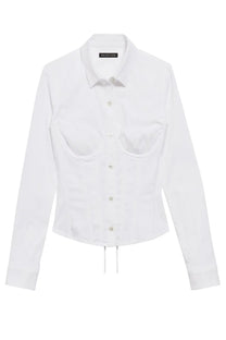 Balenciaga women’s white corset shirt with structured chest pockets and adjustable drawstring hem