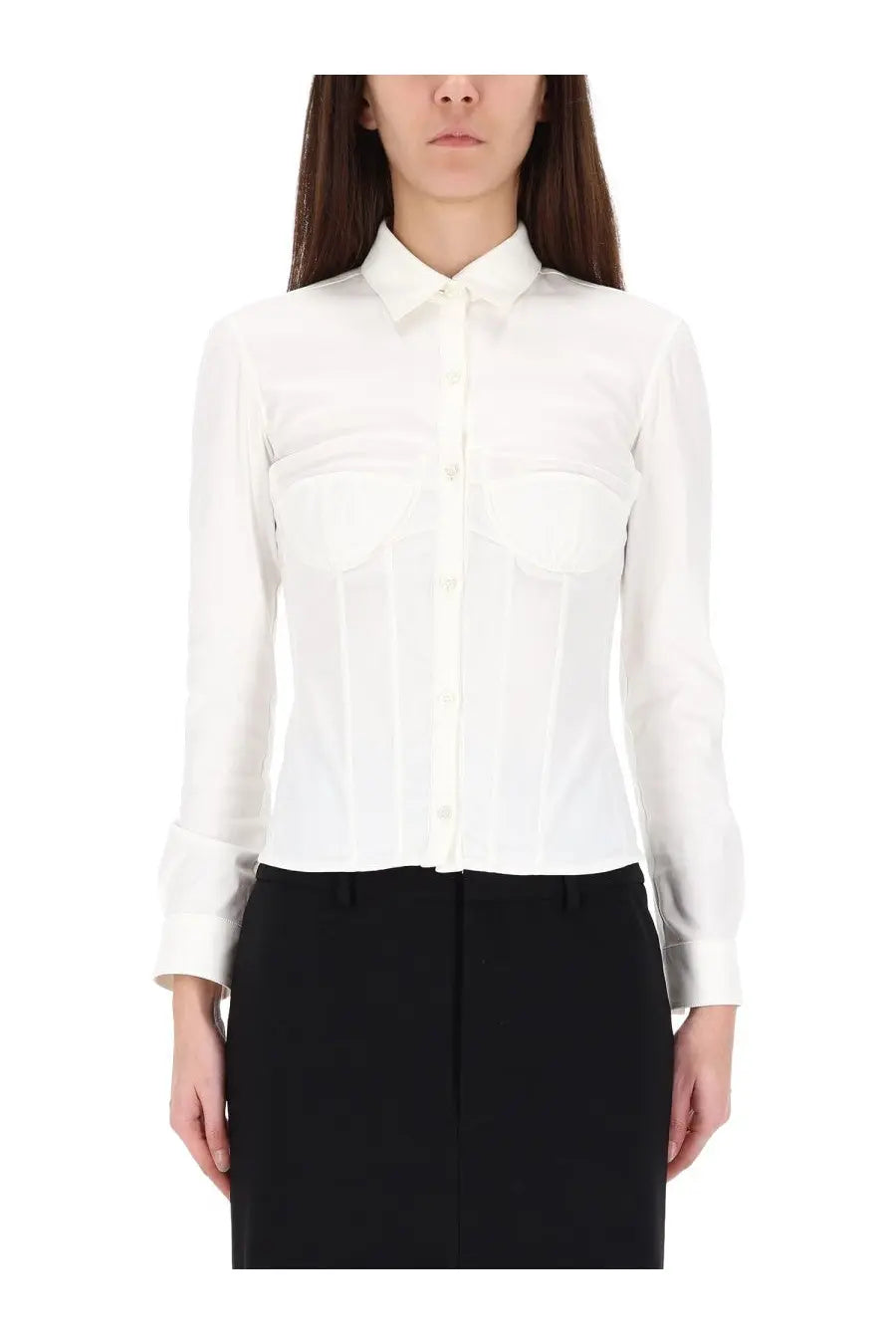 Balenciaga women’s white corset shirt with structured collar long sleeves and subtle front pleating