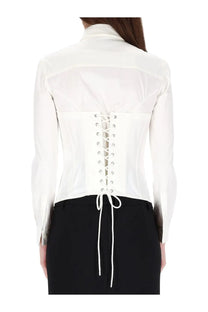 Balenciaga women’s white corset shirt back view with lace-up detail and matching ties in cotton fabric