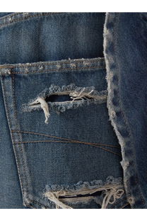 Balenciaga women’s cotton bermuda shorts in blue denim with distressed frayed rips and visible stitching details