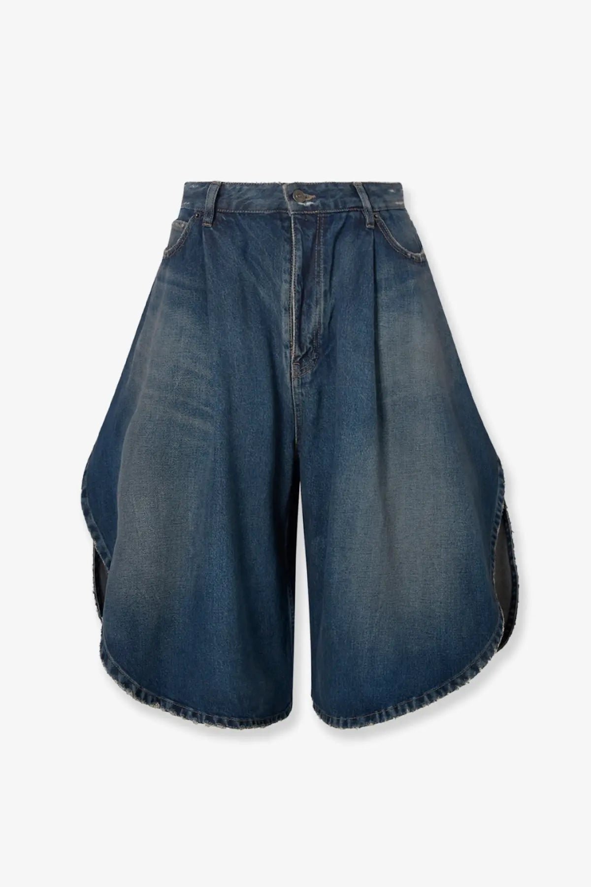 Balenciaga women’s high-waisted cotton bermuda shorts in medium blue wash with flared asymmetrical cut and raw hem