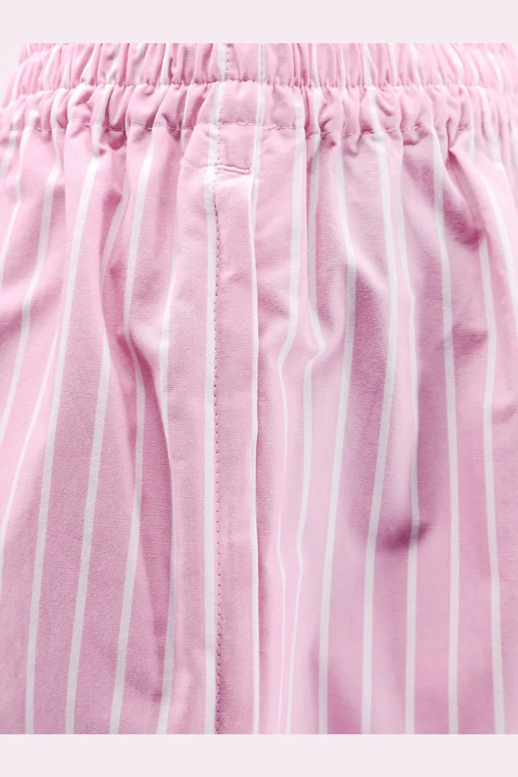 Balenciaga women’s cotton boxer shorts in pink with white vertical pinstripes and gathered waistband