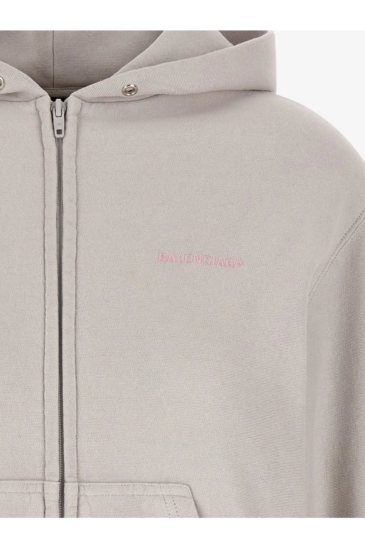 Balenciaga women’s cotton hooded sweatshirt white light gray zip-up hoodie with subtle pink embroidered logo on chest