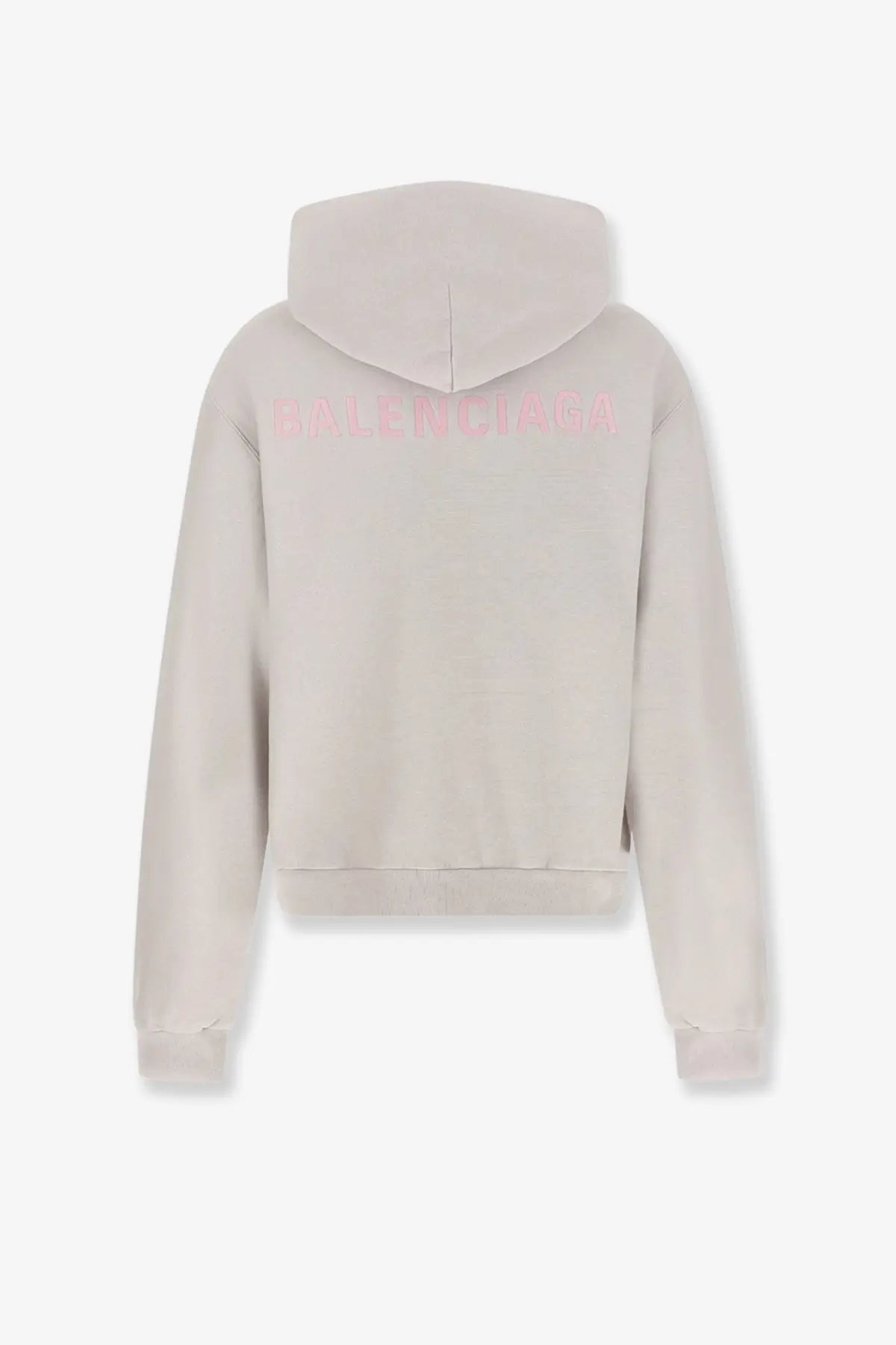 Balenciaga women’s cotton hooded sweatshirt white shown from the back with soft beige fabric and pink embroidered logo