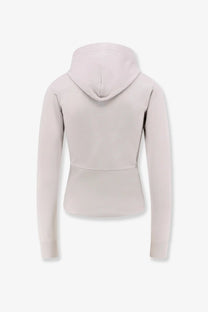 Balenciaga women’s cotton hooded sweatshirt in soft light gray with cropped fit and ribbed cuffs