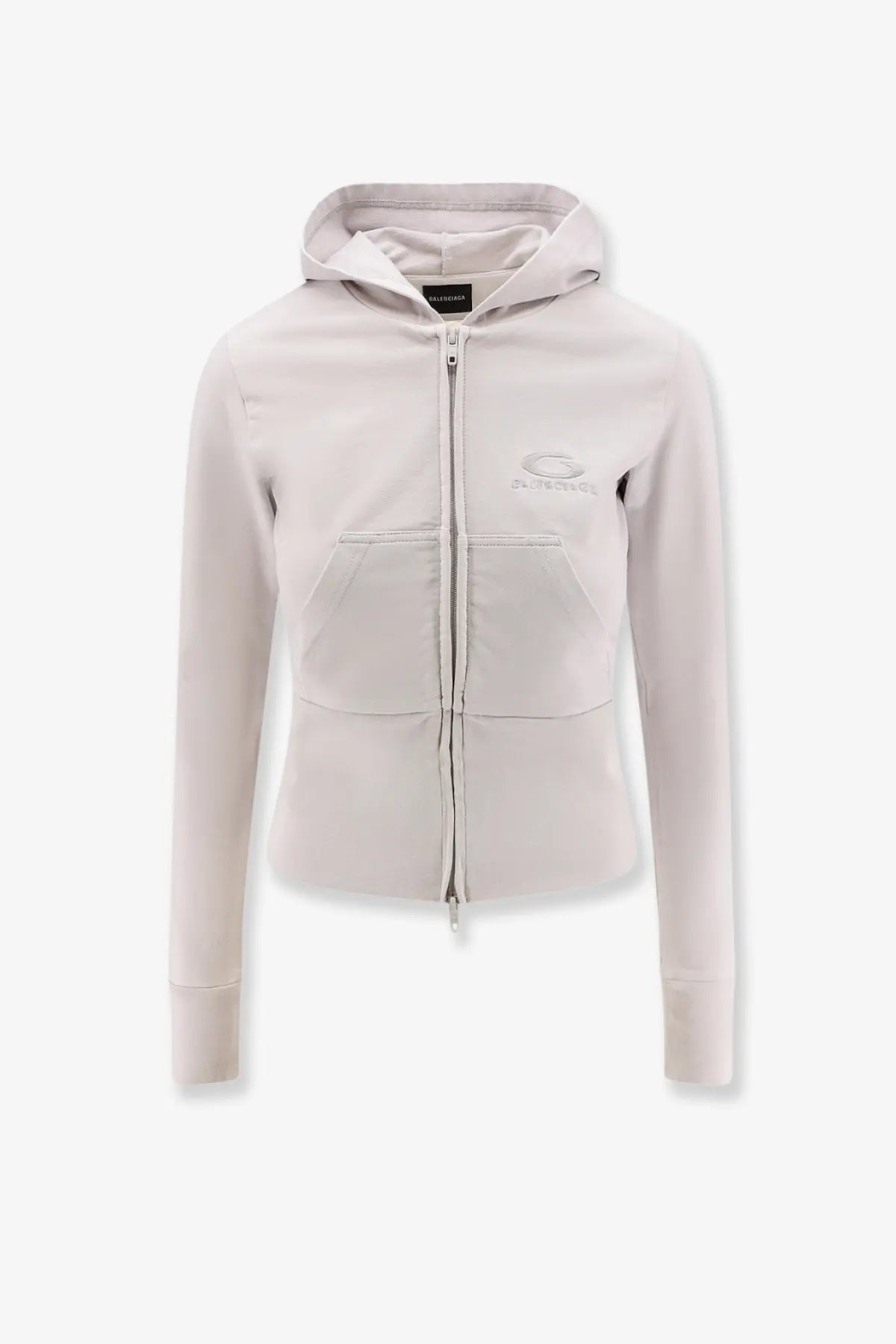 Balenciaga women’s white cotton hooded sweatshirt with soft light gray zip-up hoodie and subtle chest logo