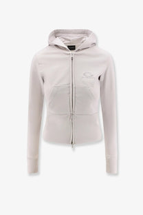 Balenciaga women’s white cotton hooded sweatshirt with soft light gray zip-up hoodie and subtle chest logo