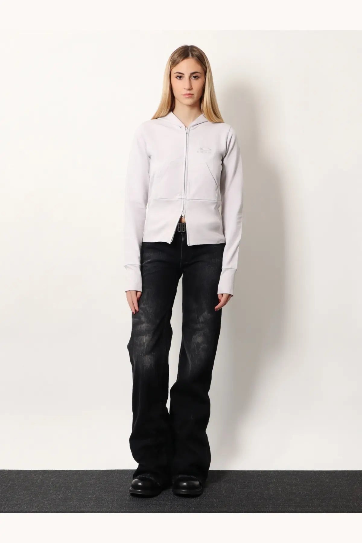 Balenciaga women’s white cotton zip-up hoodie with soft fabric and subtle chest logo