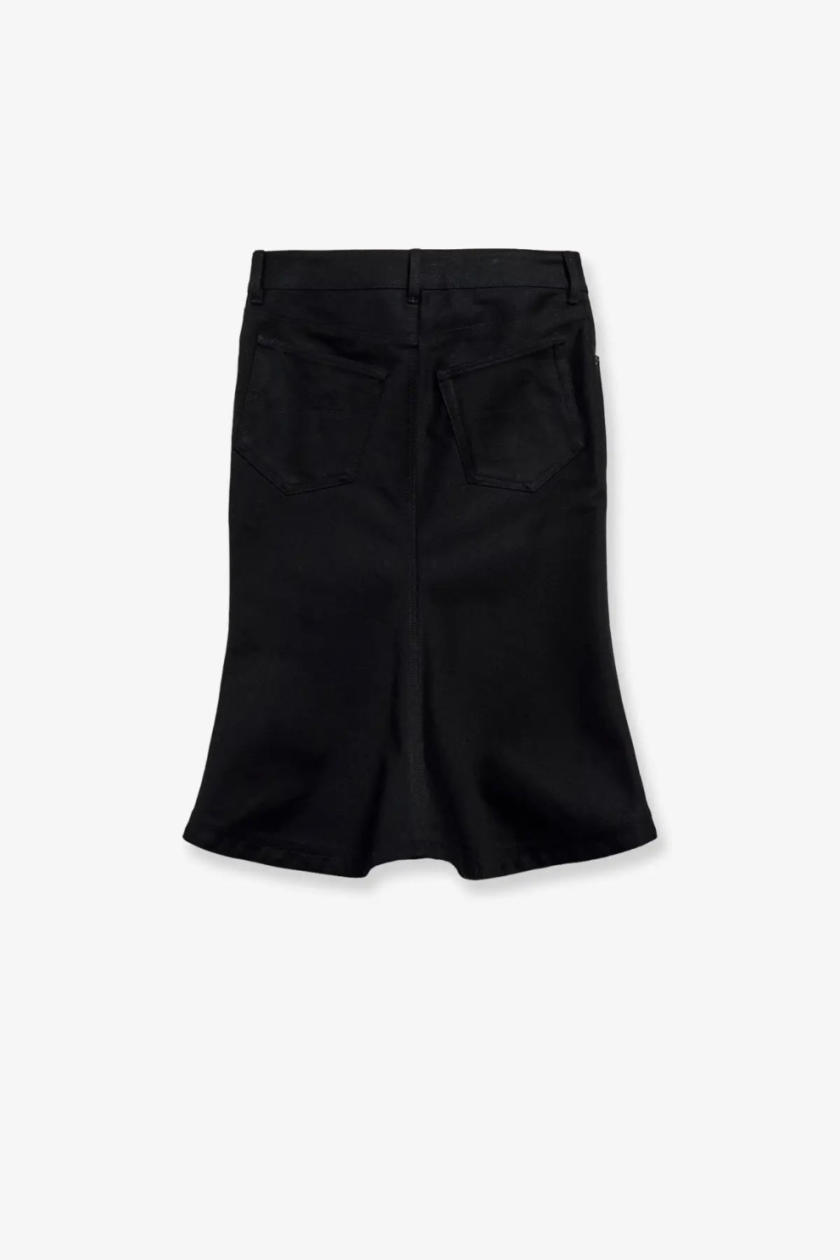 Back view of balenciaga women’s black high waisted cotton midi skirt with flared hem and two back pockets