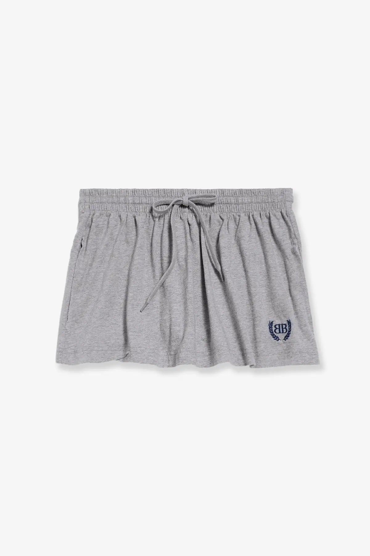 Balenciaga women’s grey cotton miniskirt featuring a heathered texture drawstring waistband and embroidered logo