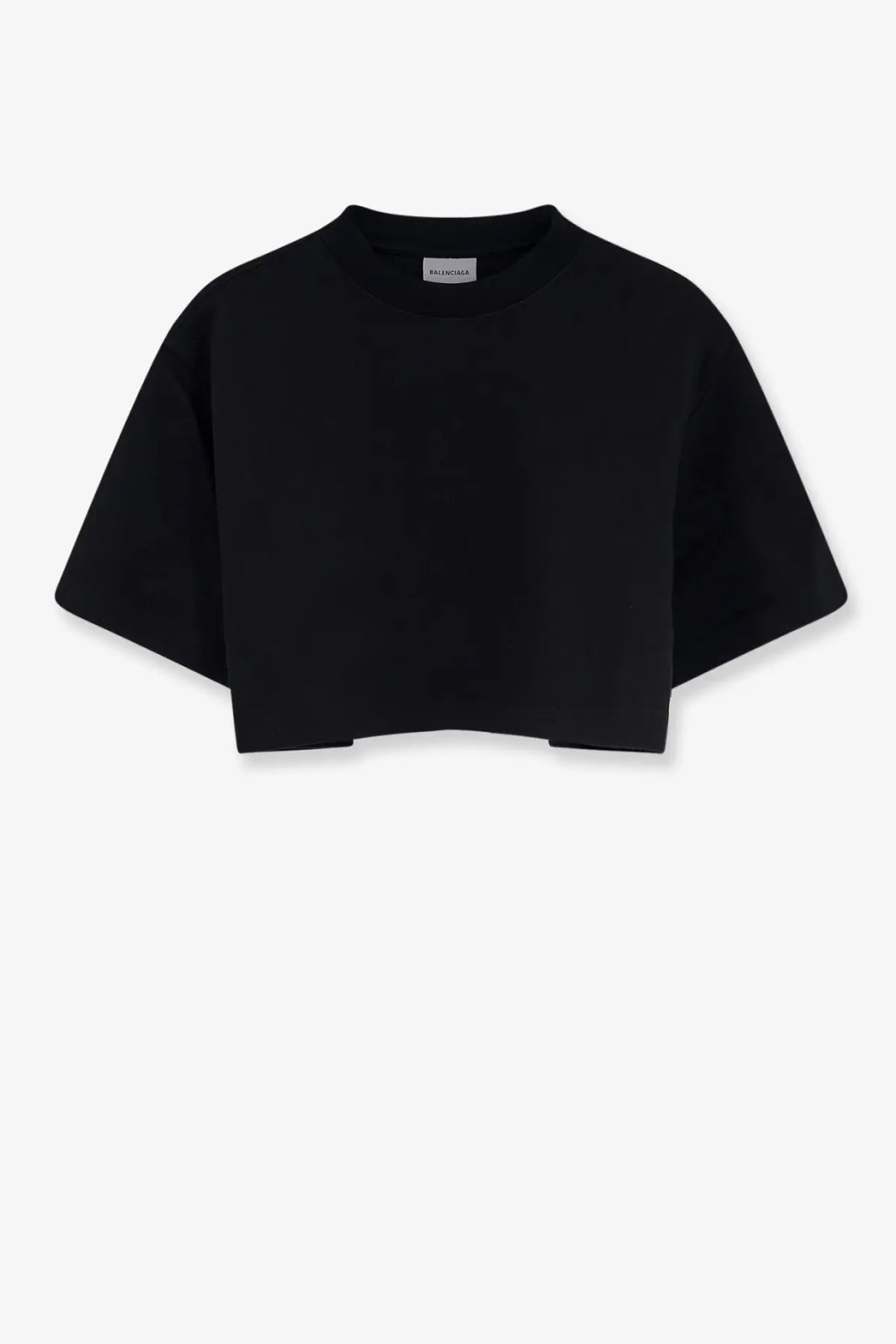 Balenciaga women’s black cotton cropped crewneck t-shirt with short slightly flared sleeves and minimalist design