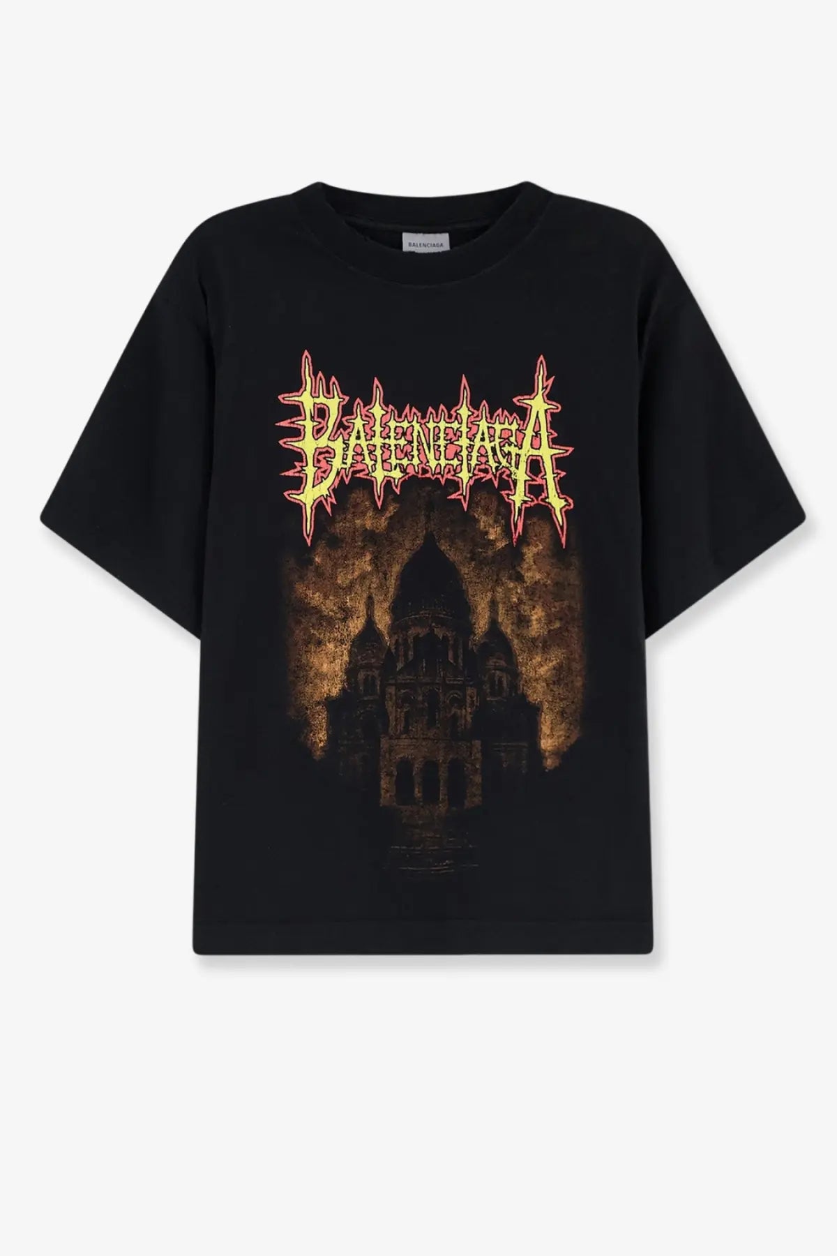 Balenciaga women’s black cotton t-shirt with bold fiery orange pink logo and dark brown cathedral illustration