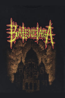 Balenciaga women’s black cotton t-shirt with distressed fiery yellow red logo above eerie cathedral illustration